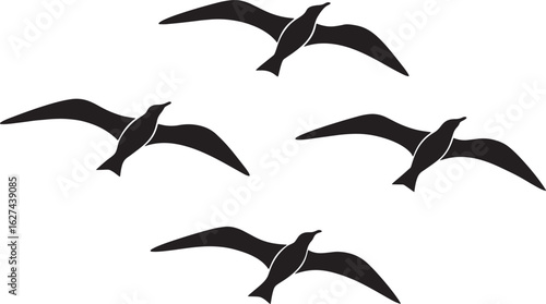 Four black silhouette seagulls flying in a loose formation