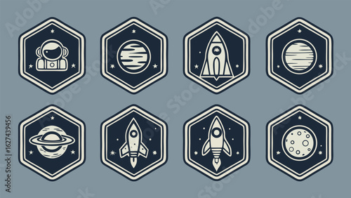 Vintage space exploration emblems astronaut rocket