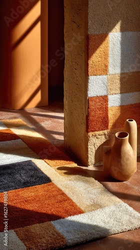 Geometric rug in warm tones, earthen vases