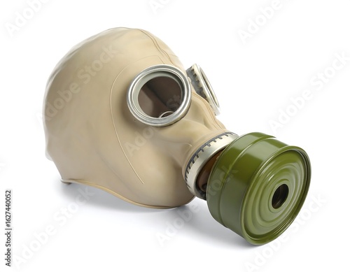 Vintage gas mask with green filter, isolated on white background, closeup shot
