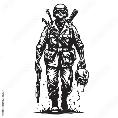 A stylized black and white illustration of a skeletal soldier wearing a helmet and uniform, carrying a rifle, with birds flying in the background.