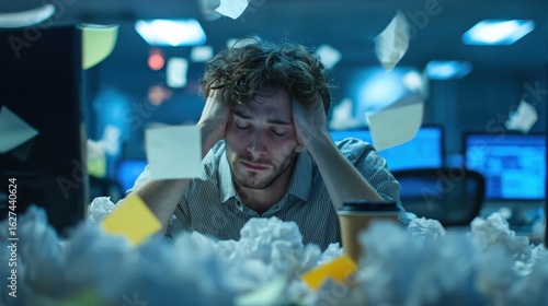 Overloaded Office Worker Surrounded by Sticky Notes and Coffee Cups, Blue-Tinted Multiple Screen Glare During Overtime
