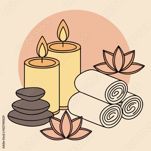 Two lit candles, towels, lotus flowers, and stones are seen against peach backdrop