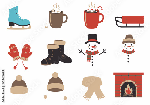 12 winter icons skate hot cocoa sled mittens boots snowmen hats scarf fireplace