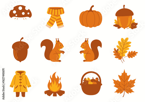 A collection of autumnthemed icons including acorns leaves a pumpkin squirrels and a campfire