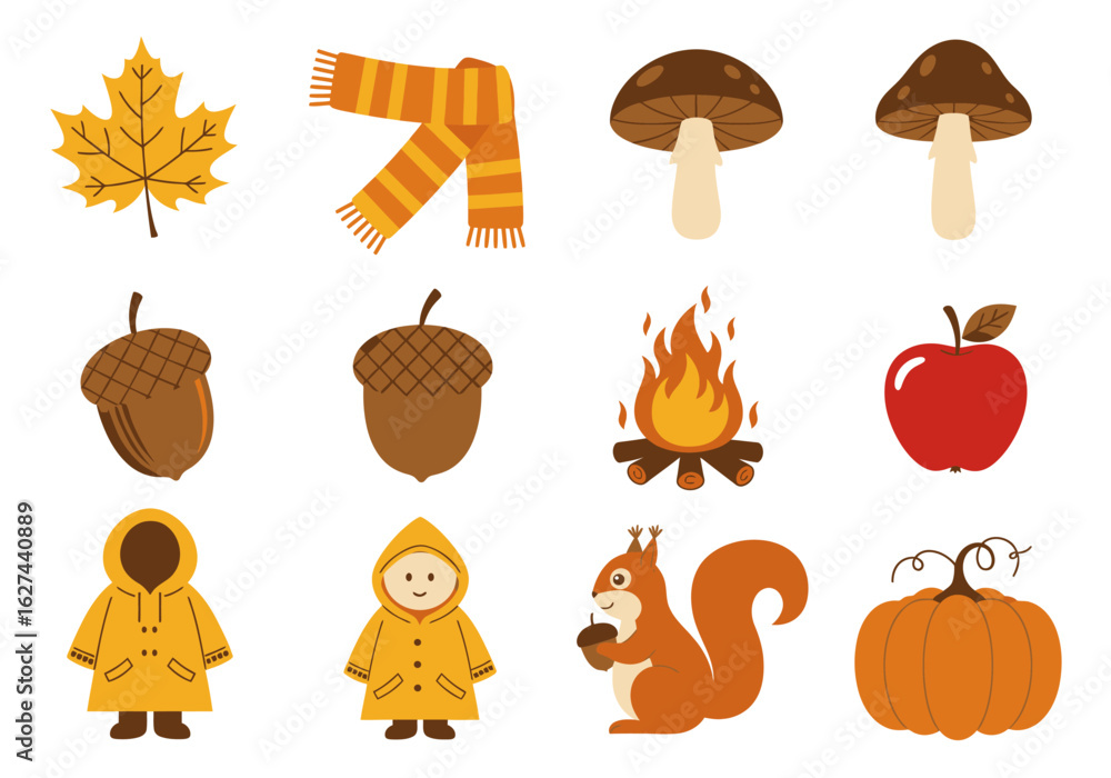 Fototapeta premium An array of autumnthemed clip art including leaves acorns and a squirrel