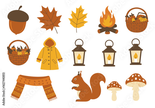 A cozy autumn illustration with items like acorns leaves firewood lanterns and forest creatures all set against a white background