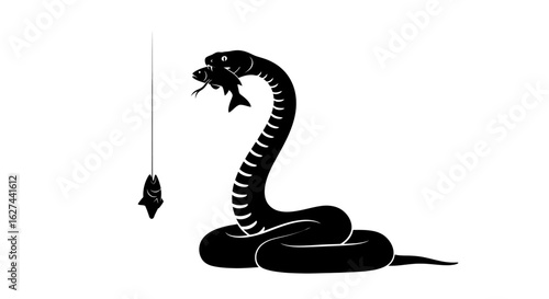 silhouette of a cobra snake holding two fish, isolated on transparent background: a striking vector illustration of predatory behavior