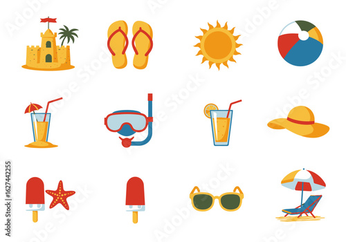 Colorful summer icons sandcastle flipflops sun ball drinks mask hat sunglasses chair and beach