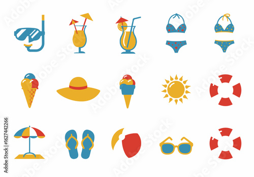 Colorful summer icons including swimwear drinks beach equipment and accessories