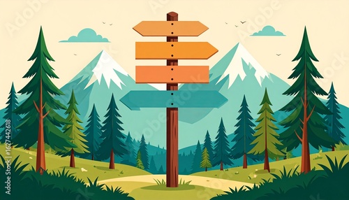 Scenic wooden signpost in a mountainous forest landscape with clear skies