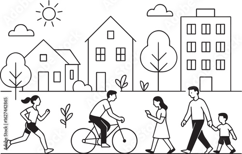 Community Lifestyle People enjoying outdoor activities in a town.