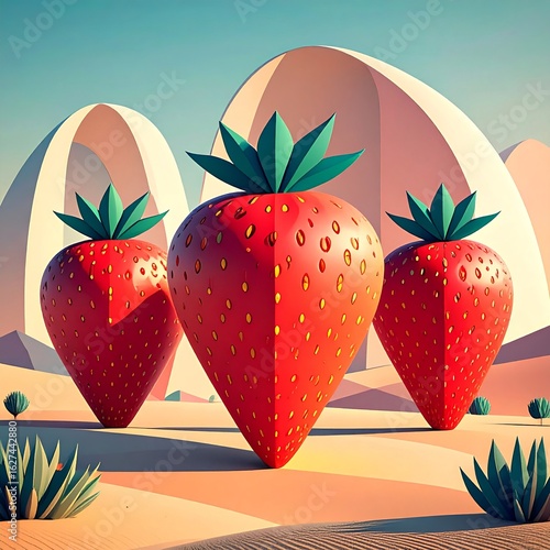 Large stylized strawberries in a surreal desert landscape during sunset