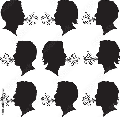 Black silhouette profiles exhaling decorative swirls