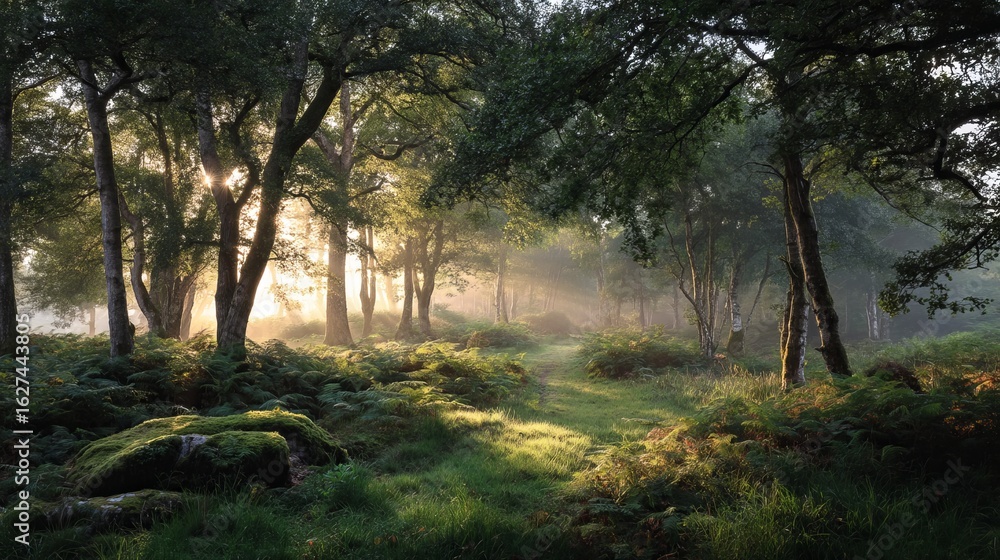 Naklejka premium Peaceful forest stream flowing through lush green woodland in summer