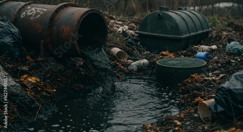 Water Pollution From Pipe Into Stream Environment