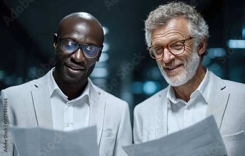 Two Businessmen Reading Interior Design Plan in Dark Grey Modern Office, Smiling at Camera, Professional Collaboration and Team Diversity