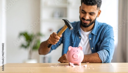 A man joyfully smashes a piggy bank with a hammer