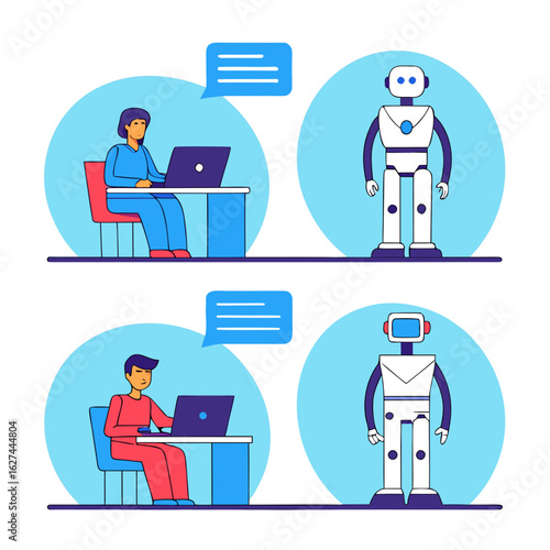 Humans and robots interacting and communicating with laptops