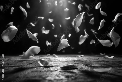 Black and White Grainy Falling Petals Scene at Dawn with Flash from Behind, Floating Motion and Peaceful Mood for Nature Art Design.