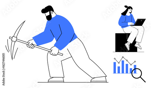 Worker wielding pickaxe representing data mining, woman analyzing bar graph and trends on laptop, symbolizing analysis, insights, and digital productivity. Ideal for technology, data analysis