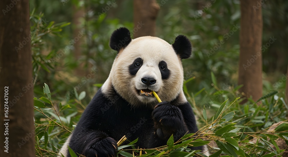 Fototapeta premium Panda eating bamboo in forest