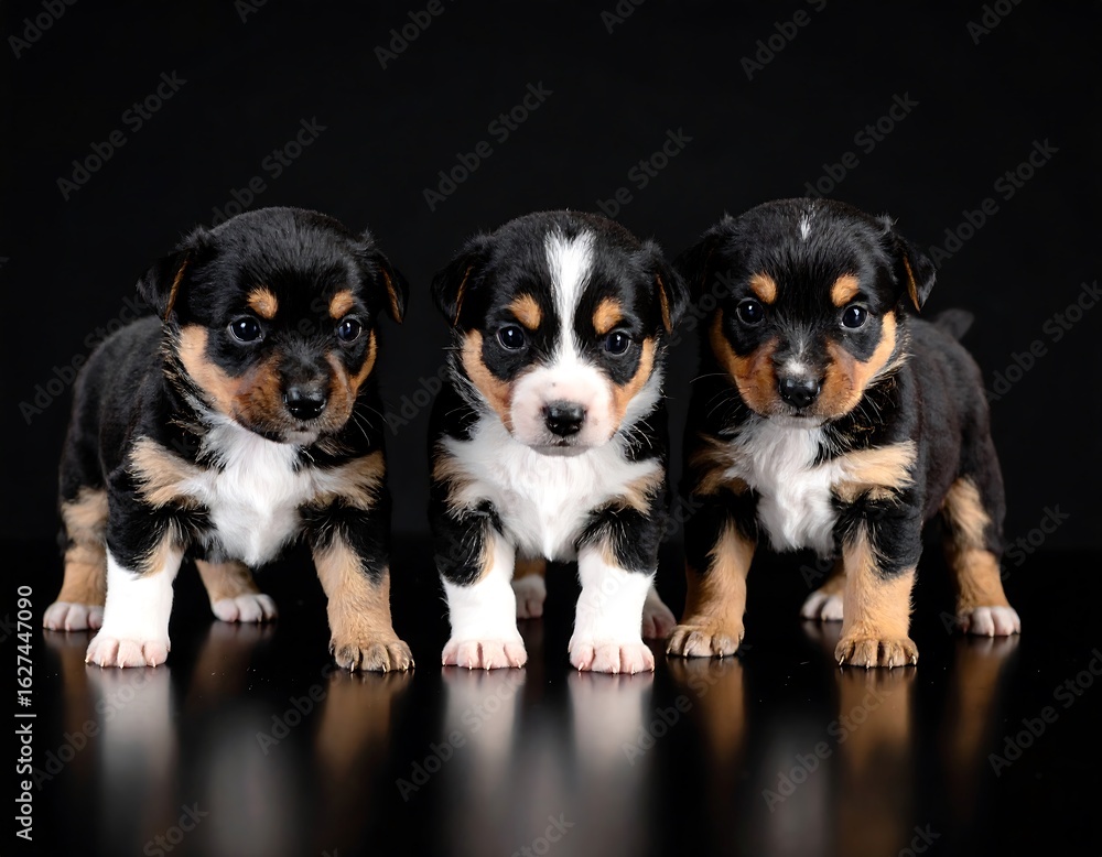 Trio of charming miniature Australian shepherd puppies showcasing playful expressions and Trio of charming miniature Australian shepherd puppies showcasing playful expressions and