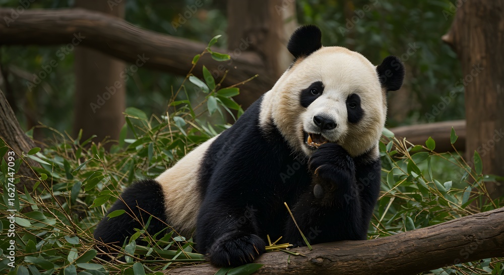 Fototapeta premium Panda eating bamboo in natural habitat