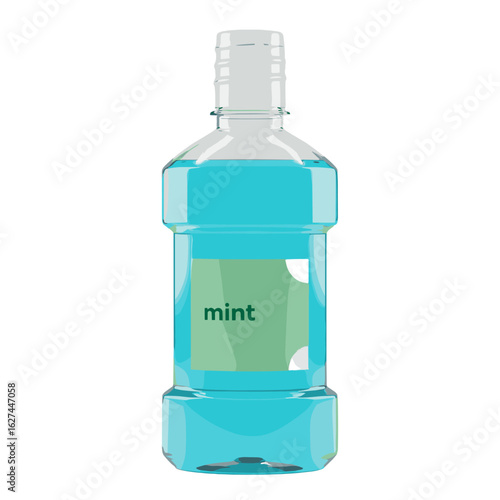 A bottle of mint mouthwash with a light blue liquid against a plain white background, designed as a vector graphic image