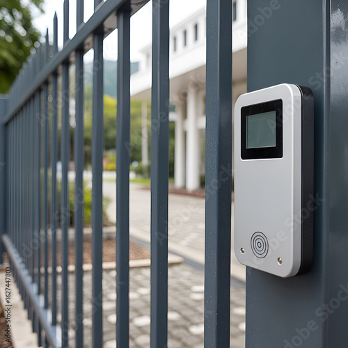 Metal gate with electronic access control and building background