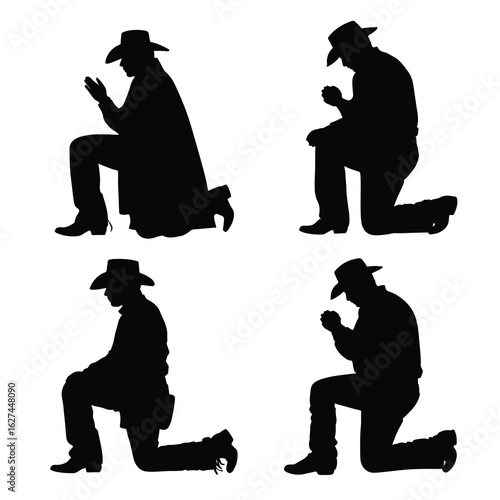 vector illustration of cowboy praying silhouette set, Black & White silhouette set