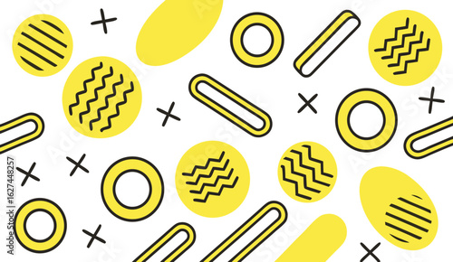 Playful abstract pattern featuring yellow circles rings and lines with black cross marks on a white background
