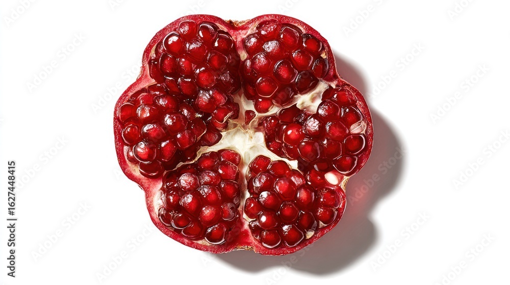 Pomegranate fruit, cut in half, showing seeds Pomegranate fruit, cut in half, showing seeds
