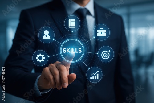 Skills and Expertise: A professional individual, impeccably attired in a business suit, selects a virtual skill, symbolizing a core competency. This image highlights career development