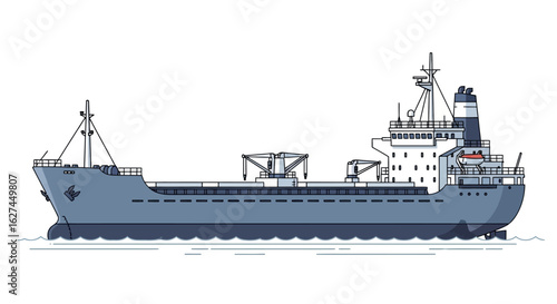 Vector illustration of a general cargo ship for maritime transport. Side view of a large industrial freighter vessel.