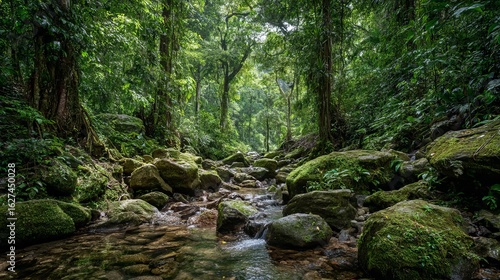 Lush tropical rainforest landscape in central america with dense green canopy and exotic jungle foliage
