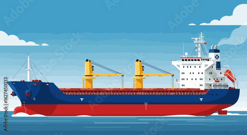 Side view of a large bulk carrier cargo ship with cranes sailing on the open sea. Maritime transport concept.