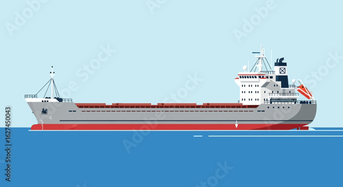 Illustration of a general cargo ship sailing on the sea. Maritime transport and global logistics concept.