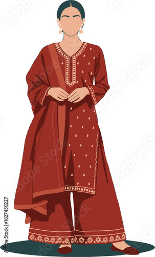 Elegant South Asian woman in a traditional red embroidered salwar kameez. Vector illustration of ethnic fashion.