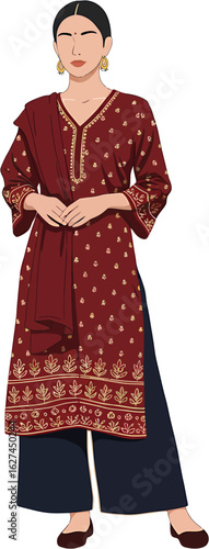 Elegant vector illustration of a woman wearing a traditional Indian maroon Salwar Kameez outfit.