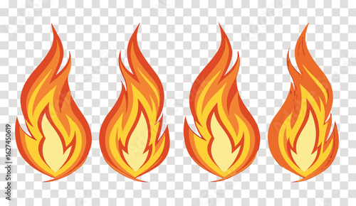 Four stylized vibrant orange and yellow flames with a transparent background representing heat and energy