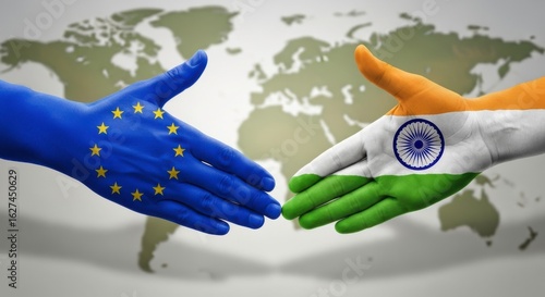 Hands painted with eu and indian flags reaching to shake in front of a world map background