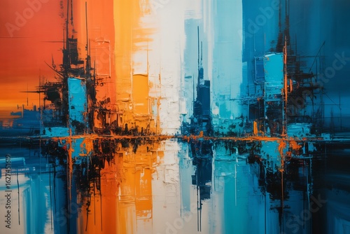 A vibrant abstract painting depicts a cityscape with tall, block-like structures reflected in a watery surface below.