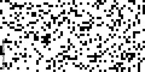 Abstract pixel geometric background. Black and white random square and rectangle shapes in digital style. Seamless texture pattern for tech, cyber, game UI. Vector illustration.