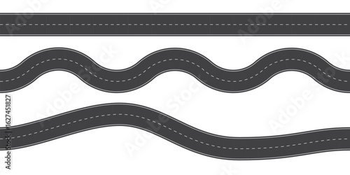 Top view of wavy and straight roads. Set of direct and winding roads with dashed center lines isolated on white background. Race curves. Two-lane asphalt highways. Seamless vector illustrations.