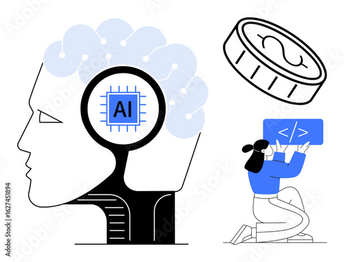 Human head with AI chip, large coin, and female coder working on code. Ideal for AI technology, innovation, programming, finance, digital transformation, problem-solving simple landing page