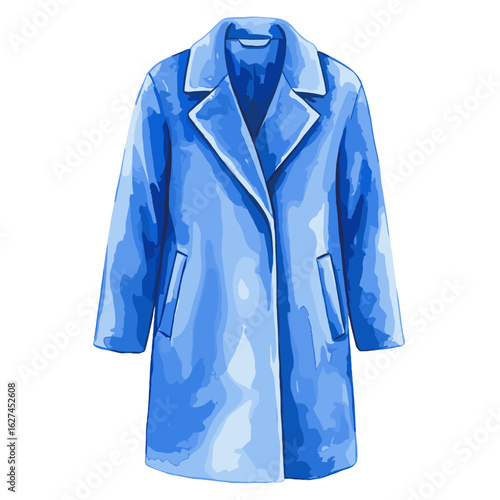 Elegant blue overcoat illustration in watercolor style, showcasing fashion and winter apparel on a white background, suitable for clothing design