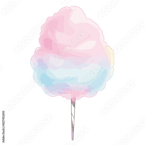 Colorful cotton candy on a stick with pink, blue, and yellow swirls creating a sweet treat illustration
