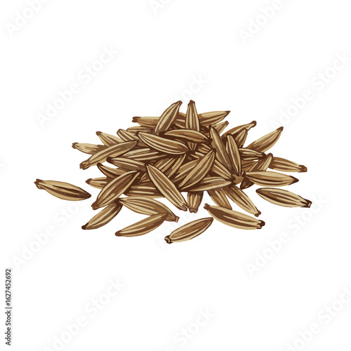 Pile of aromatic cumin seeds spice showcasing its distinctive shape and color with detailed texture and natural appearance for culinary use
