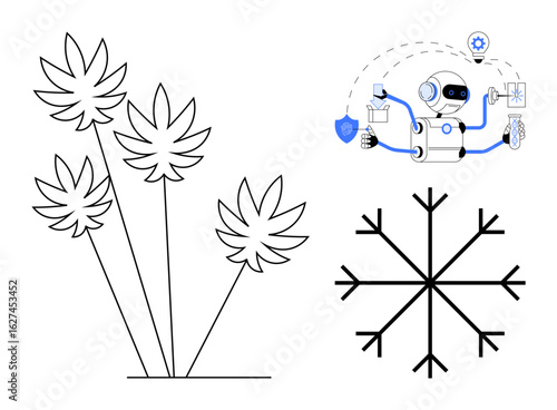 Robot handling tasks, snowflake design symbolizing winter coolness, cannabis leaves reflecting nature. Ideal for automation, technology, nature, medicine, climate, agriculture contrast simple flat